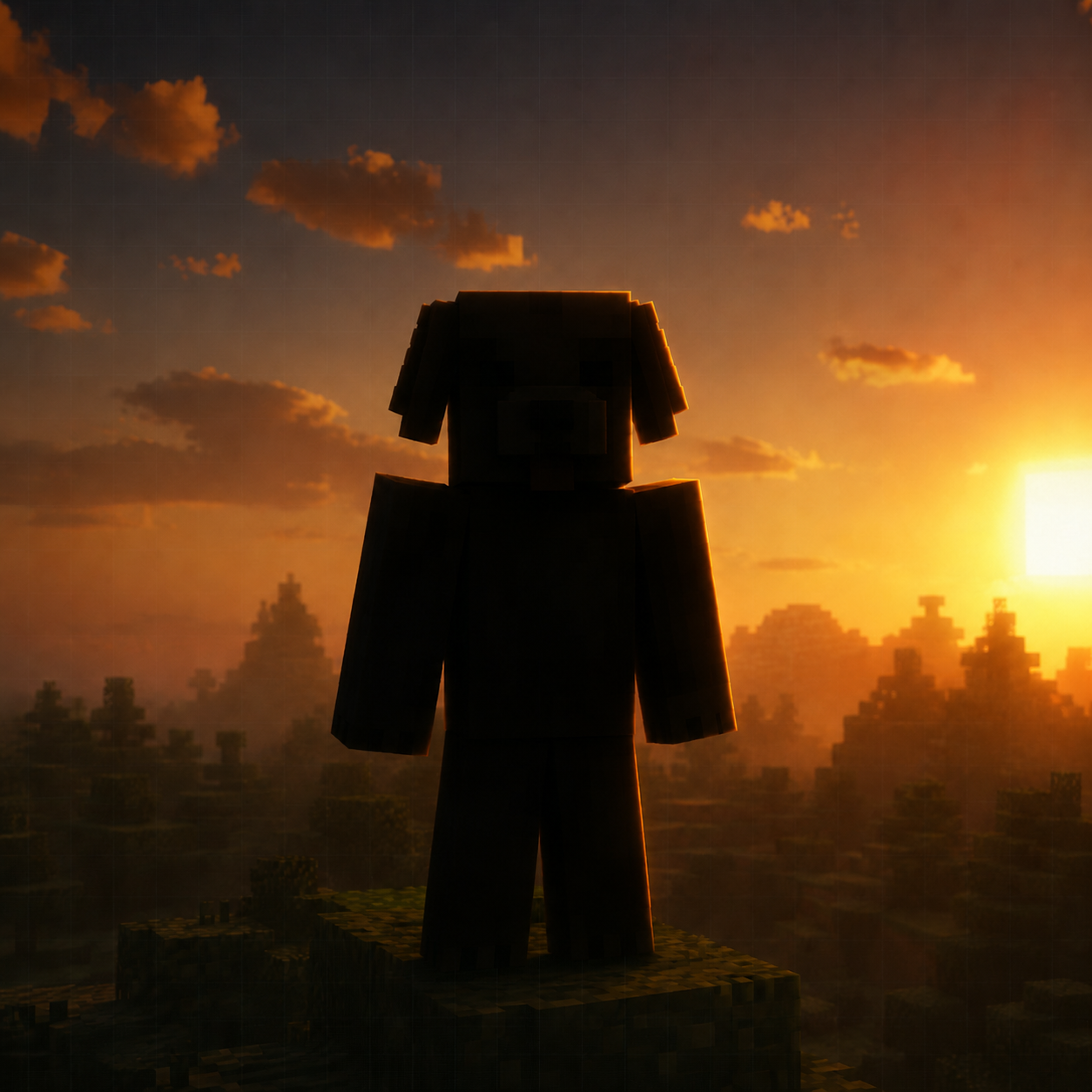 TeddyMC's golden retriever mascot standing on a mountain ridge at sunset